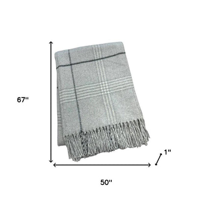 50" X 67" Light Gray And White Cotton Blend Woven Plaid Throw Blanket with Fringe HomeRoots
