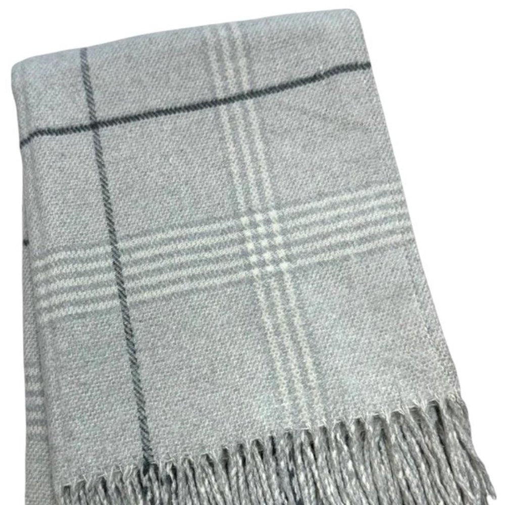50" X 67" Light Gray And White Cotton Blend Woven Plaid Throw Blanket with Fringe HomeRoots