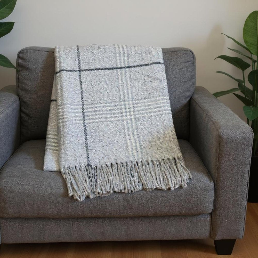 50" X 67" Light Gray And White Cotton Blend Woven Plaid Throw Blanket with Fringe HomeRoots