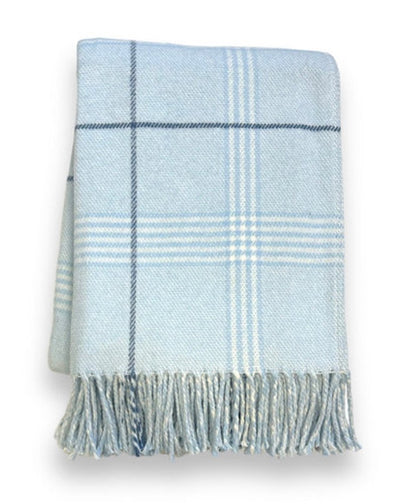 50" X 67" Sky Blue And White Plaid Cotton Blend Woven Throw Blanket with Fringe HomeRoots