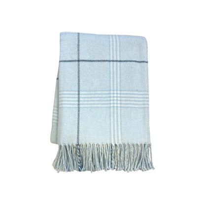 50" X 67" Sky Blue And White Plaid Cotton Blend Woven Throw Blanket with Fringe HomeRoots