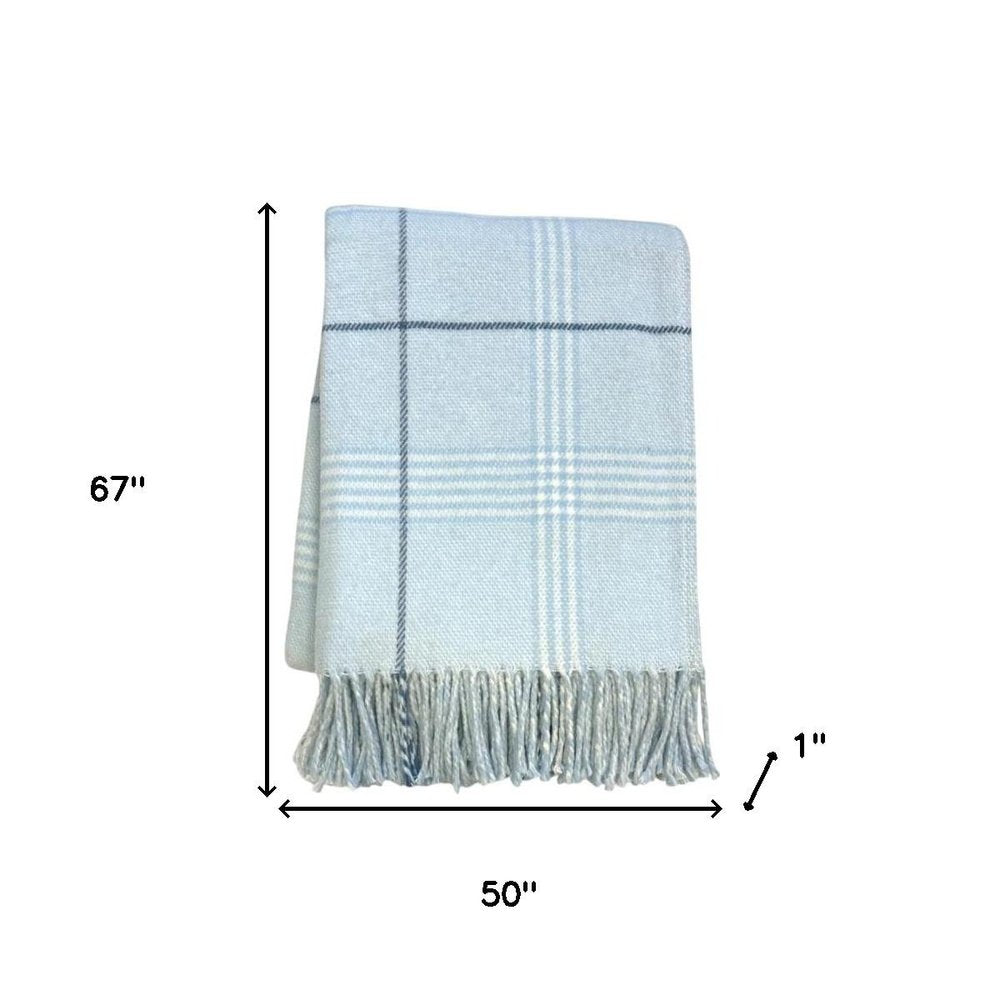 50" X 67" Sky Blue And White Plaid Cotton Blend Woven Throw Blanket with Fringe HomeRoots