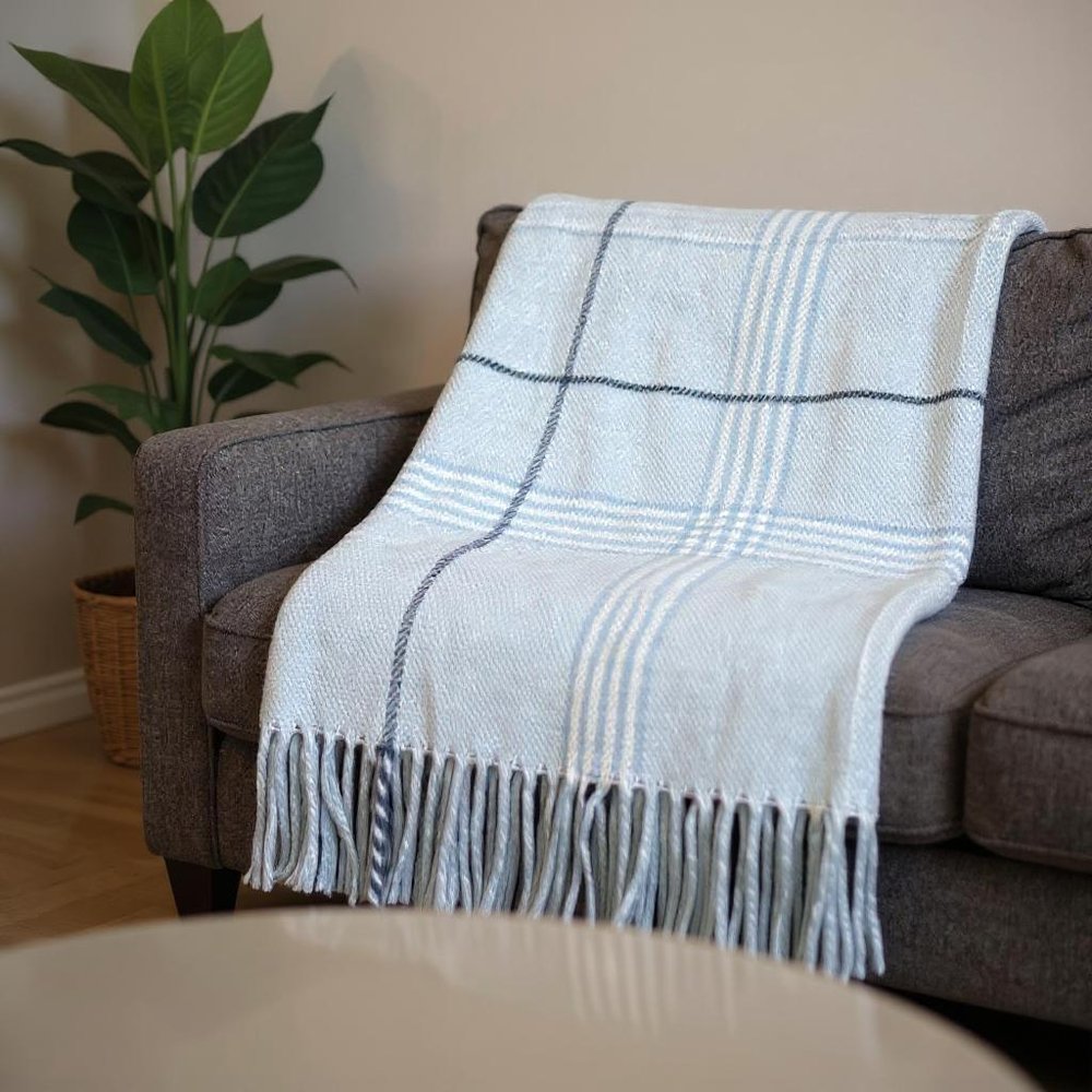 50" X 67" Sky Blue And White Plaid Cotton Blend Woven Throw Blanket with Fringe HomeRoots