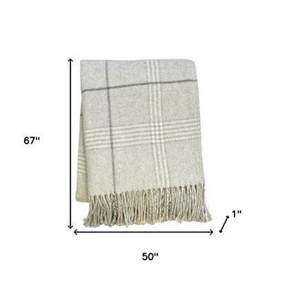 50" X 67" Sand And White Cotton Blend Woven Plaid Throw Blanket with Fringe HomeRoots