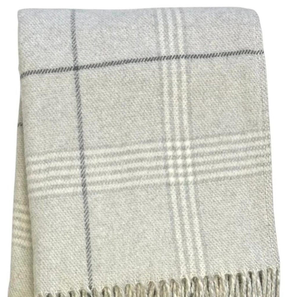 50" X 67" Sand And White Cotton Blend Woven Plaid Throw Blanket with Fringe HomeRoots
