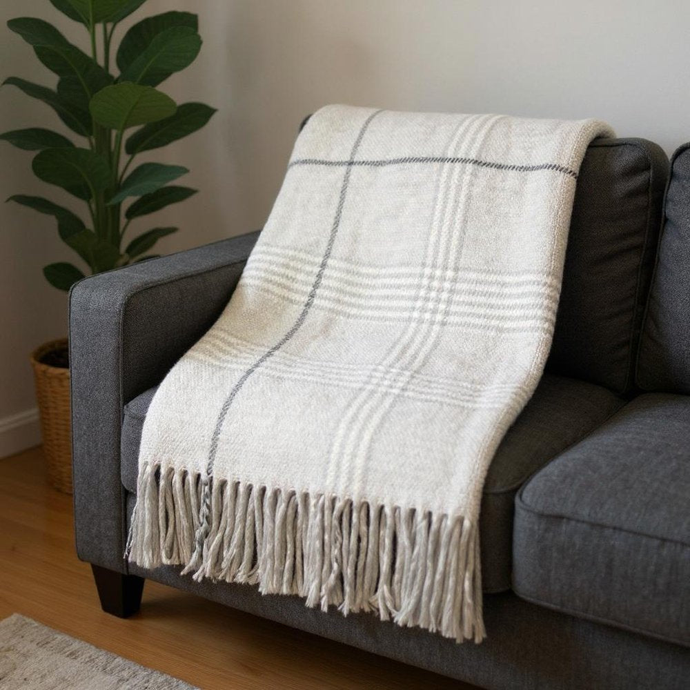 50" X 67" Sand And White Cotton Blend Woven Plaid Throw Blanket with Fringe HomeRoots
