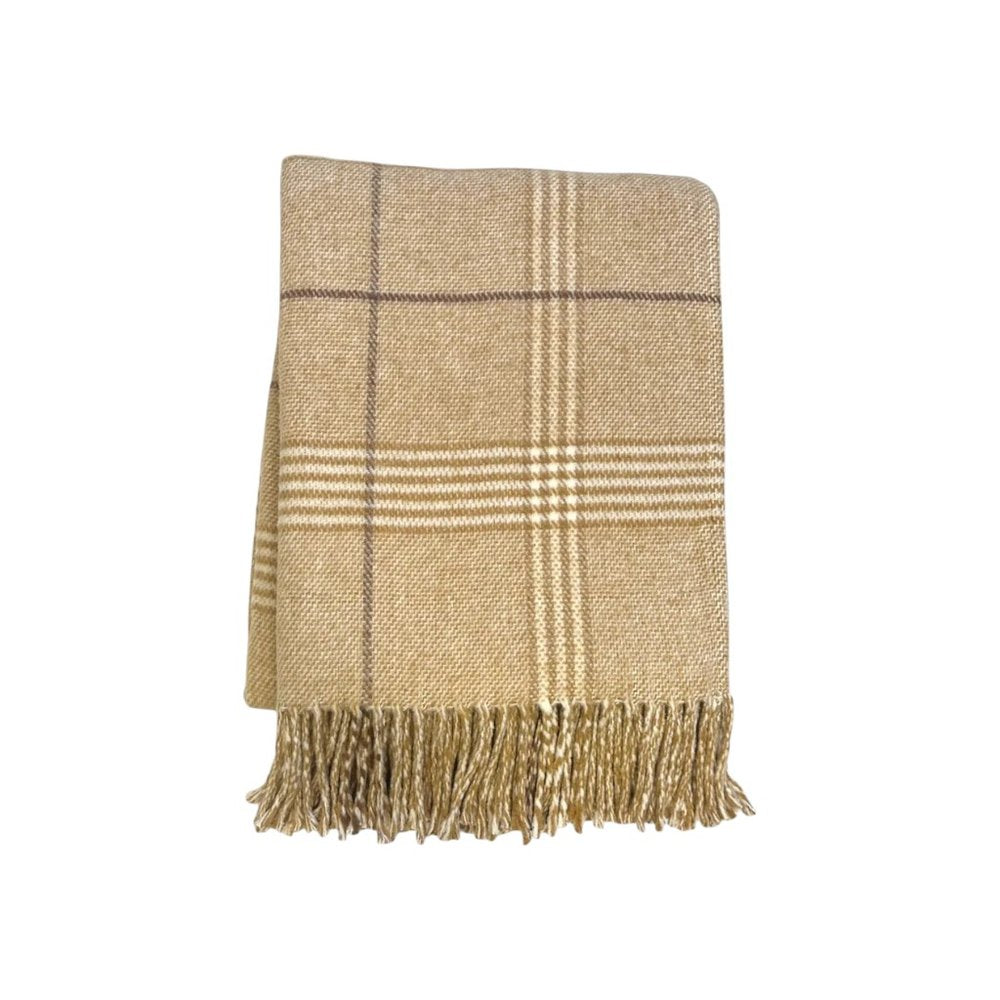 50" X 67" Stone And White Cotton Blend Woven Plaid Throw Blanket with Fringe HomeRoots