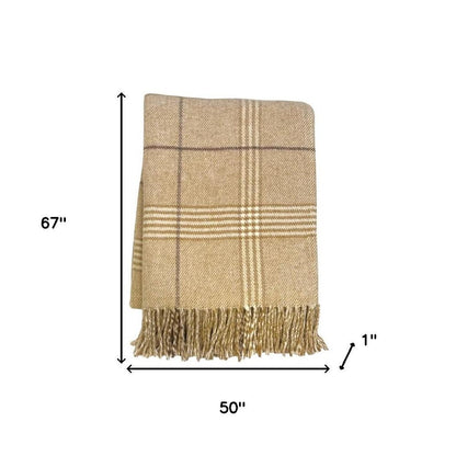 50" X 67" Stone And White Cotton Blend Woven Plaid Throw Blanket with Fringe HomeRoots