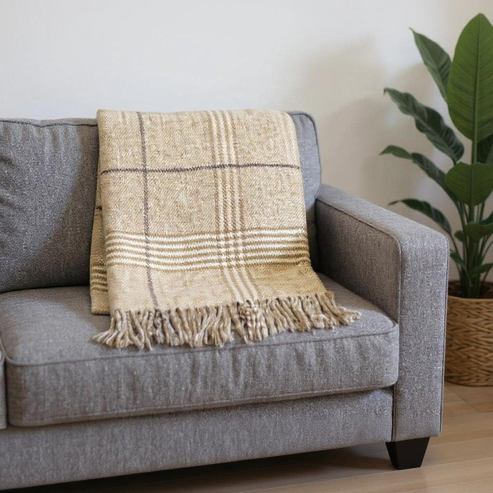 50" X 67" Stone And White Cotton Blend Woven Plaid Throw Blanket with Fringe HomeRoots