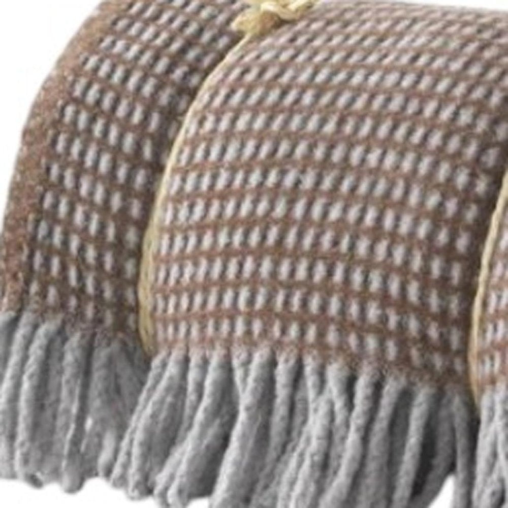 55" X 70" Chocolate And Gray Cotton Blend Woven Checkered Plush Throw Blanket with Fringe HomeRoots
