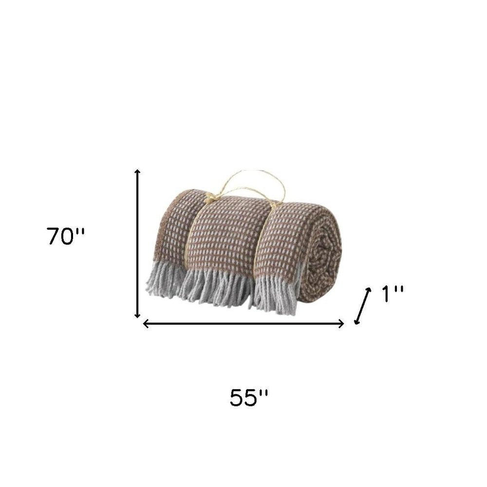55" X 70" Chocolate And Gray Cotton Blend Woven Checkered Plush Throw Blanket with Fringe HomeRoots