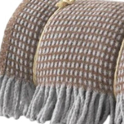 55" X 70" Chocolate And Gray Cotton Blend Woven Checkered Plush Throw Blanket with Fringe HomeRoots