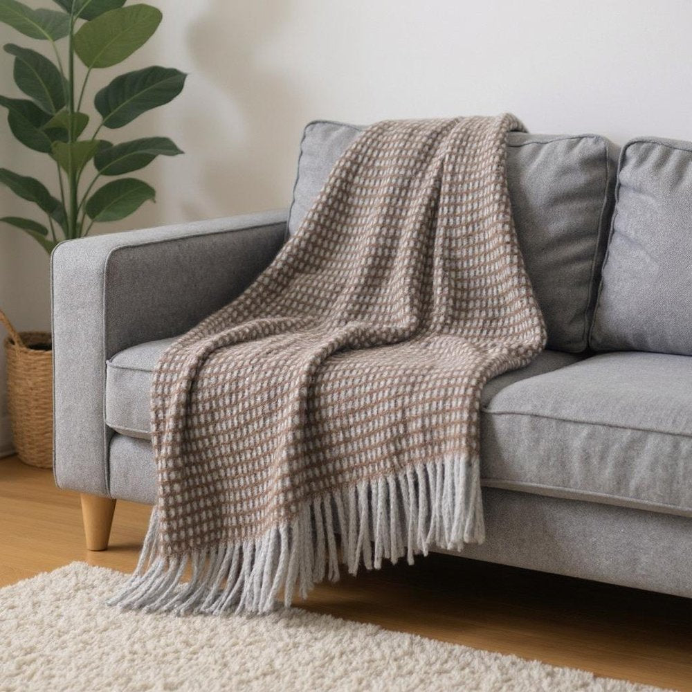 55" X 70" Chocolate And Gray Cotton Blend Woven Checkered Plush Throw Blanket with Fringe HomeRoots