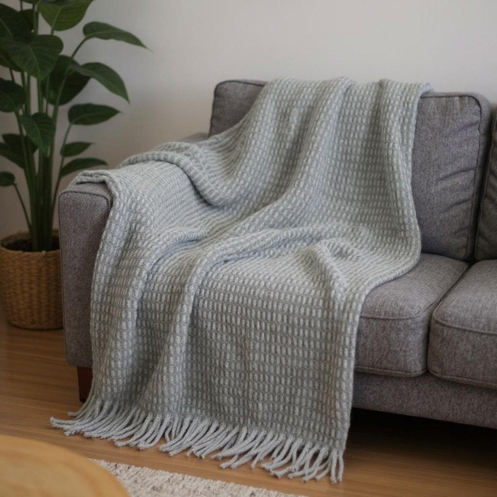 55" X 70" Sage And Gray Cotton Blend Woven Checkered Plush Throw Blanket with Fringe HomeRoots