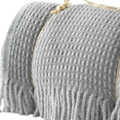 55" X 70" Sage And Gray Cotton Blend Woven Checkered Plush Throw Blanket with Fringe HomeRoots