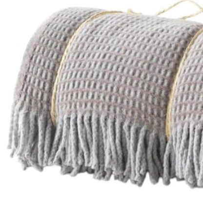 55" X 70" Taupe And Gray Cotton Blend Woven Checkered Plush Throw Blanket with Fringe HomeRoots
