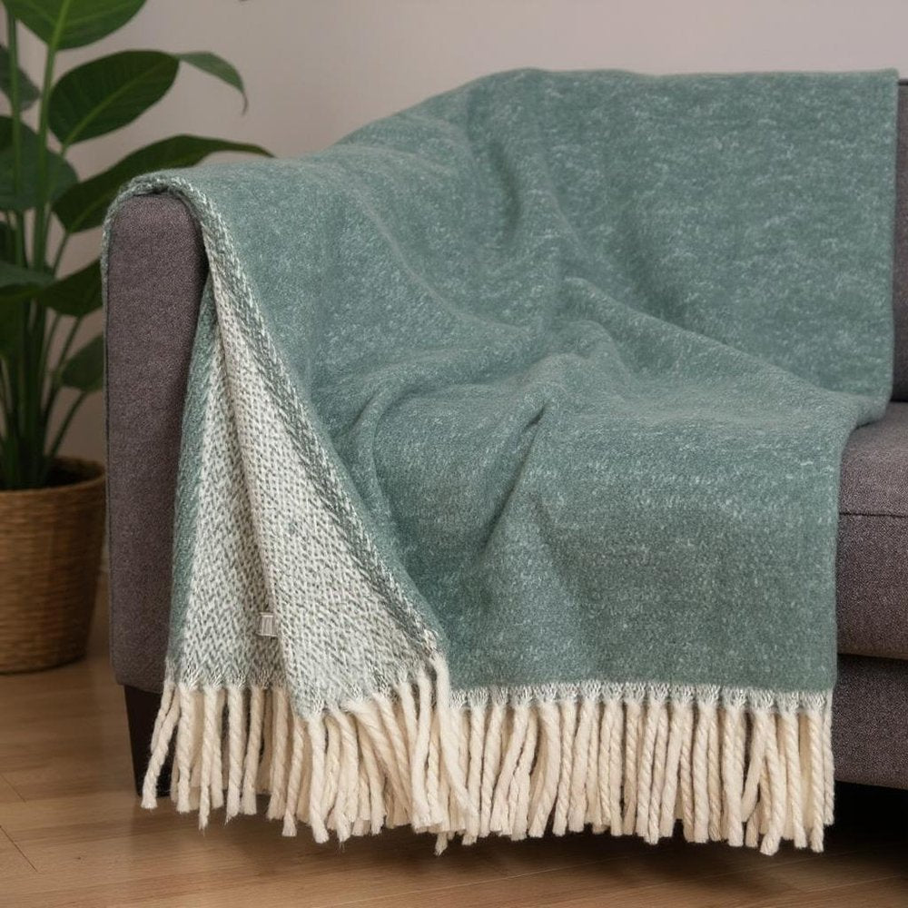 55" X 70" Sage And White Cotton Blend Woven Chevron Plush Throw Blanket with Fringe HomeRoots
