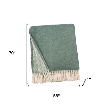 55" X 70" Sage And White Cotton Blend Woven Chevron Plush Throw Blanket with Fringe HomeRoots
