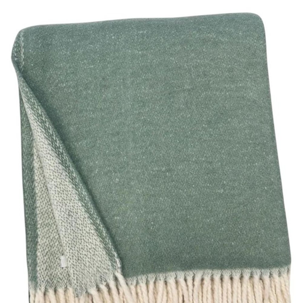 55" X 70" Sage And White Cotton Blend Woven Chevron Plush Throw Blanket with Fringe HomeRoots