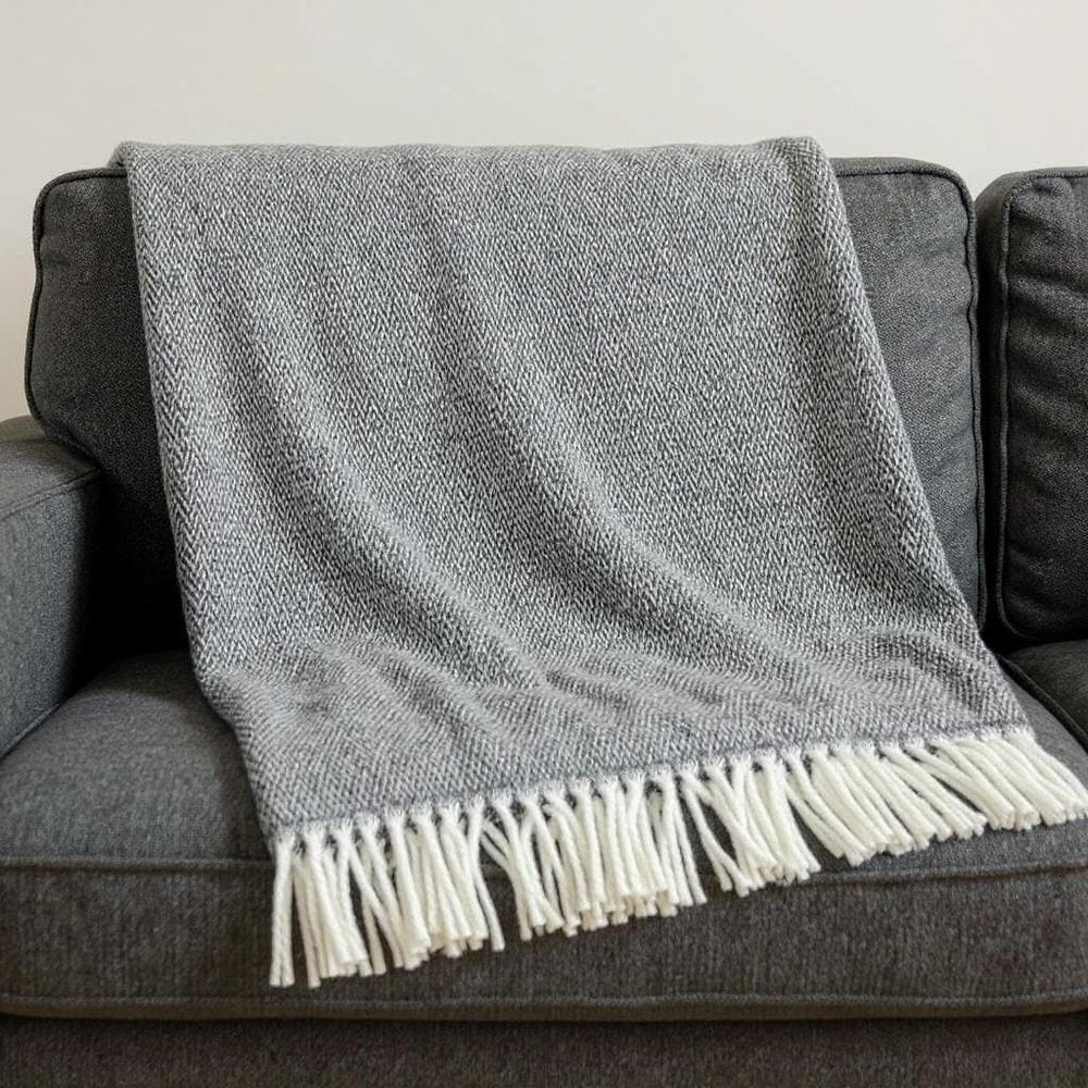 55" X 70" Dark Gray And White Cotton Blend Woven Herringbone Plush Throw Blanket with Fringe HomeRoots