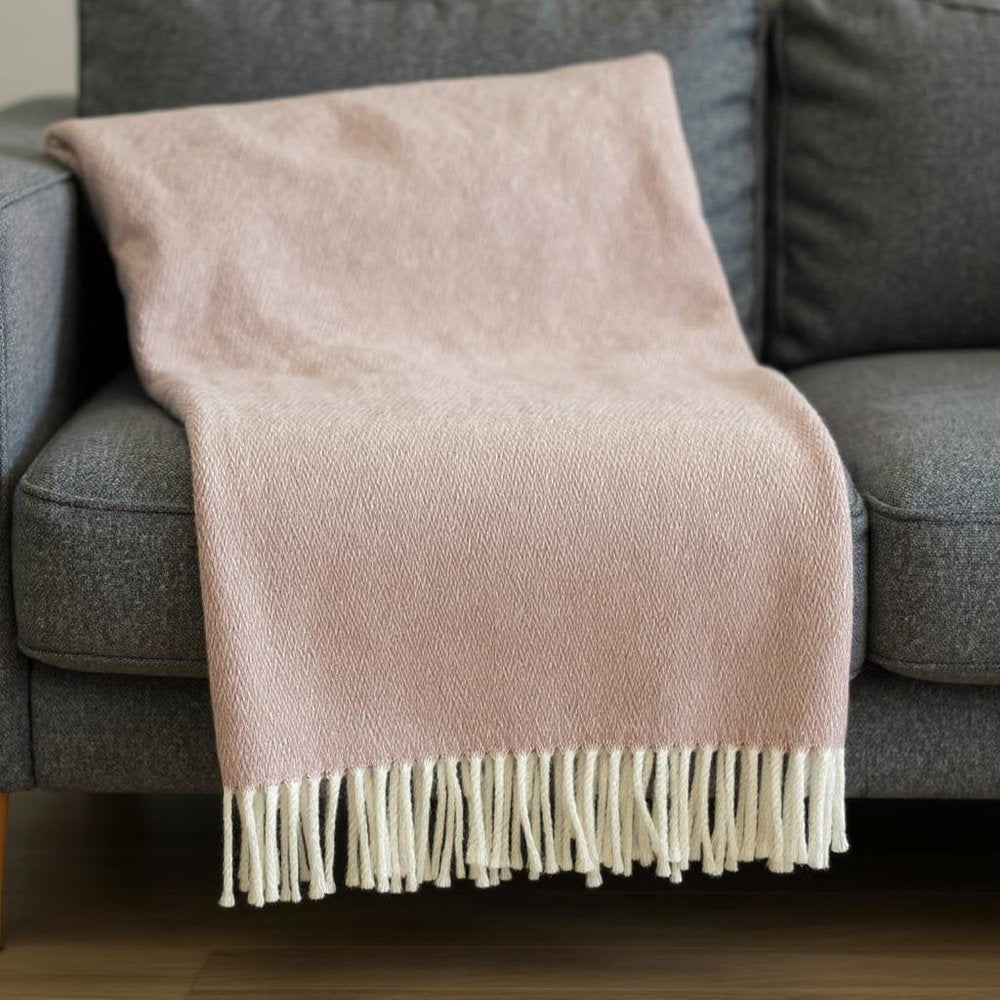 55" X 70" Dusty Rose And White Cotton Blend Woven Herringbone Plush Throw Blanket with Fringe HomeRoots