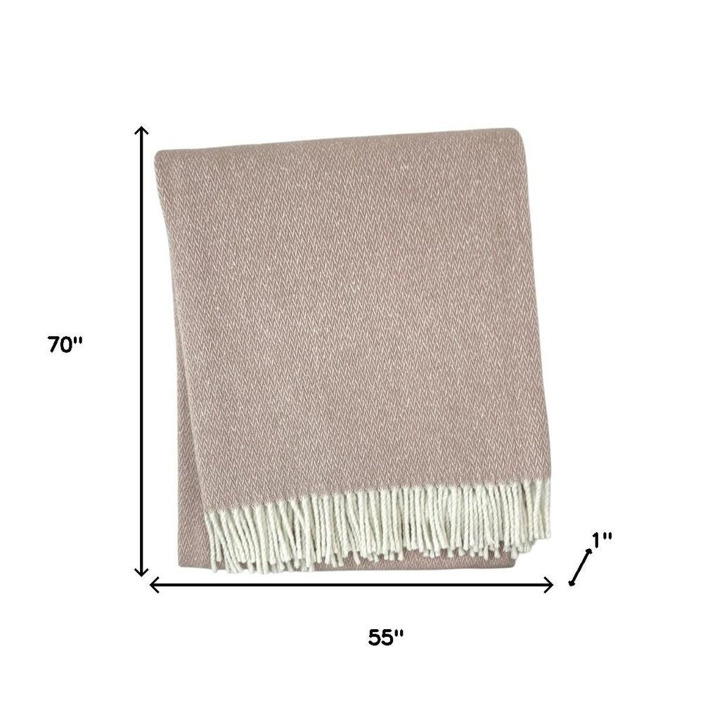 55" X 70" Dusty Rose And White Cotton Blend Woven Herringbone Plush Throw Blanket with Fringe HomeRoots