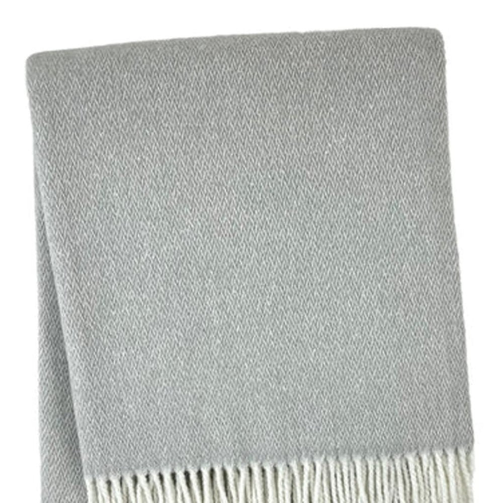 55" X 70" Light Gray And White Herringbone Cotton And Microfiber Woven Throw Blanket with Fringe HomeRoots