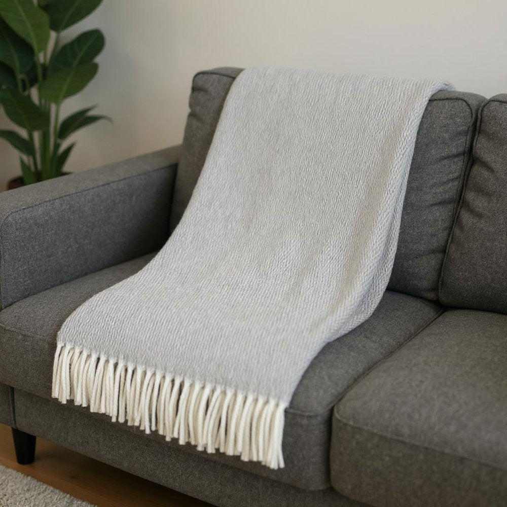 55" X 70" Light Gray And White Herringbone Cotton And Microfiber Woven Throw Blanket with Fringe HomeRoots