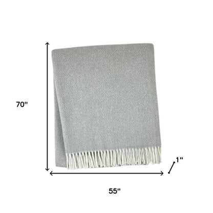 55" X 70" Light Gray And White Herringbone Cotton And Microfiber Woven Throw Blanket with Fringe HomeRoots
