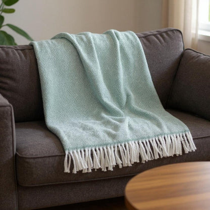 55" X 70" Sage And White Cotton Blend Woven Herringbone Plush Throw Blanket with Fringe HomeRoots
