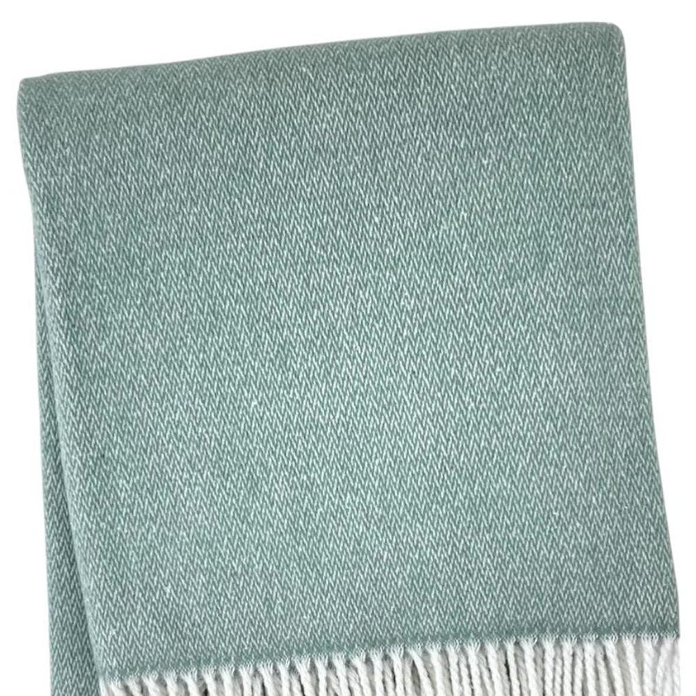 55" X 70" Sage And White Cotton Blend Woven Herringbone Plush Throw Blanket with Fringe HomeRoots