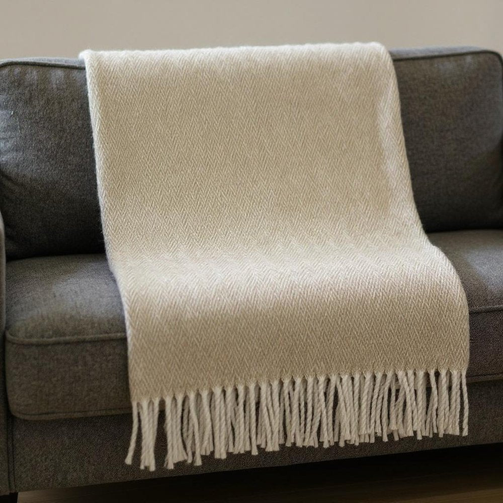 55" X 70" Stone And White Cotton Blend Woven Herringbone Plush Throw Blanket with Fringe HomeRoots