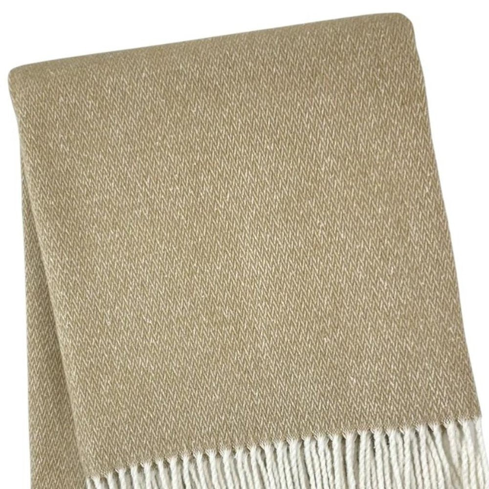 55" X 70" Stone And White Cotton Blend Woven Herringbone Plush Throw Blanket with Fringe HomeRoots