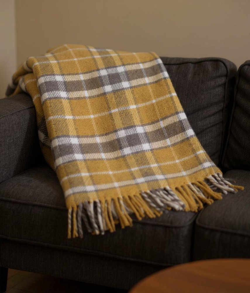 55" X 70" Gold And Brown Cotton Blend Woven Plaid Plush Throw Blanket with Fringe HomeRoots