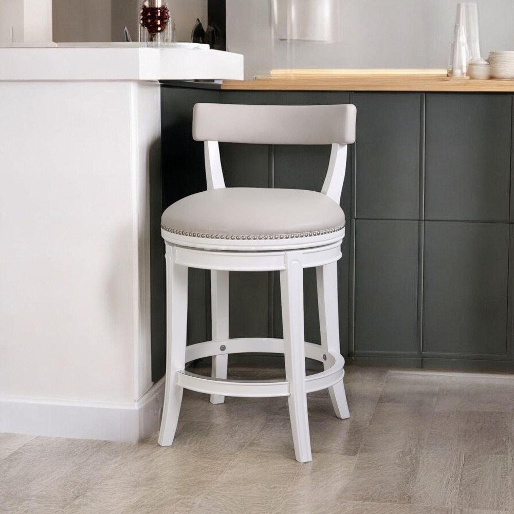 26" Gray And White Faux Leather And Solid Wood Low Back Counter Height Swivel Bar Chair HomeRoots