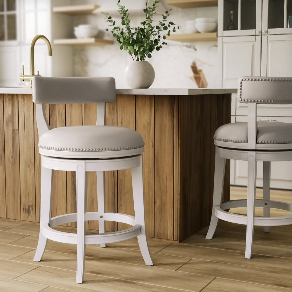 26" Gray And White Faux Leather And Solid Wood Low Back Counter Height Swivel Bar Chair HomeRoots