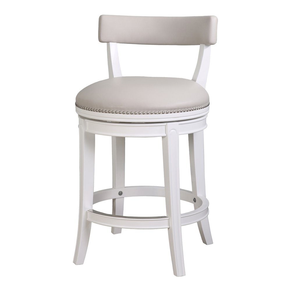 26" Gray And White Faux Leather And Solid Wood Low Back Counter Height Swivel Bar Chair HomeRoots