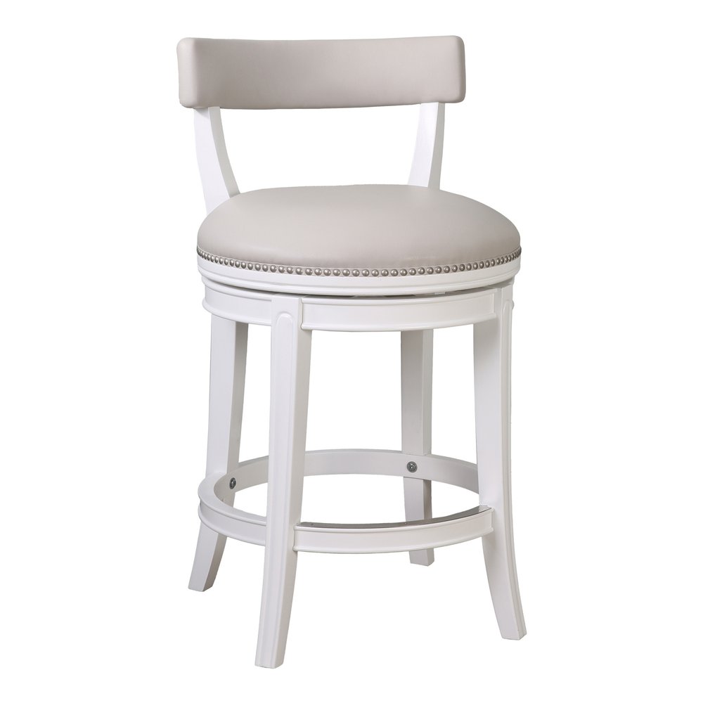 26" Gray And White Faux Leather And Solid Wood Low Back Counter Height Swivel Bar Chair HomeRoots