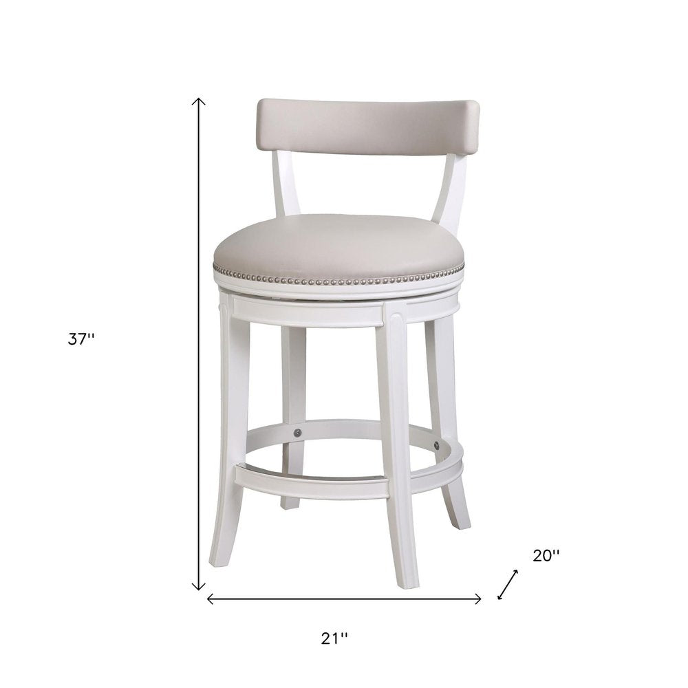 26" Gray And White Faux Leather And Solid Wood Low Back Counter Height Swivel Bar Chair HomeRoots