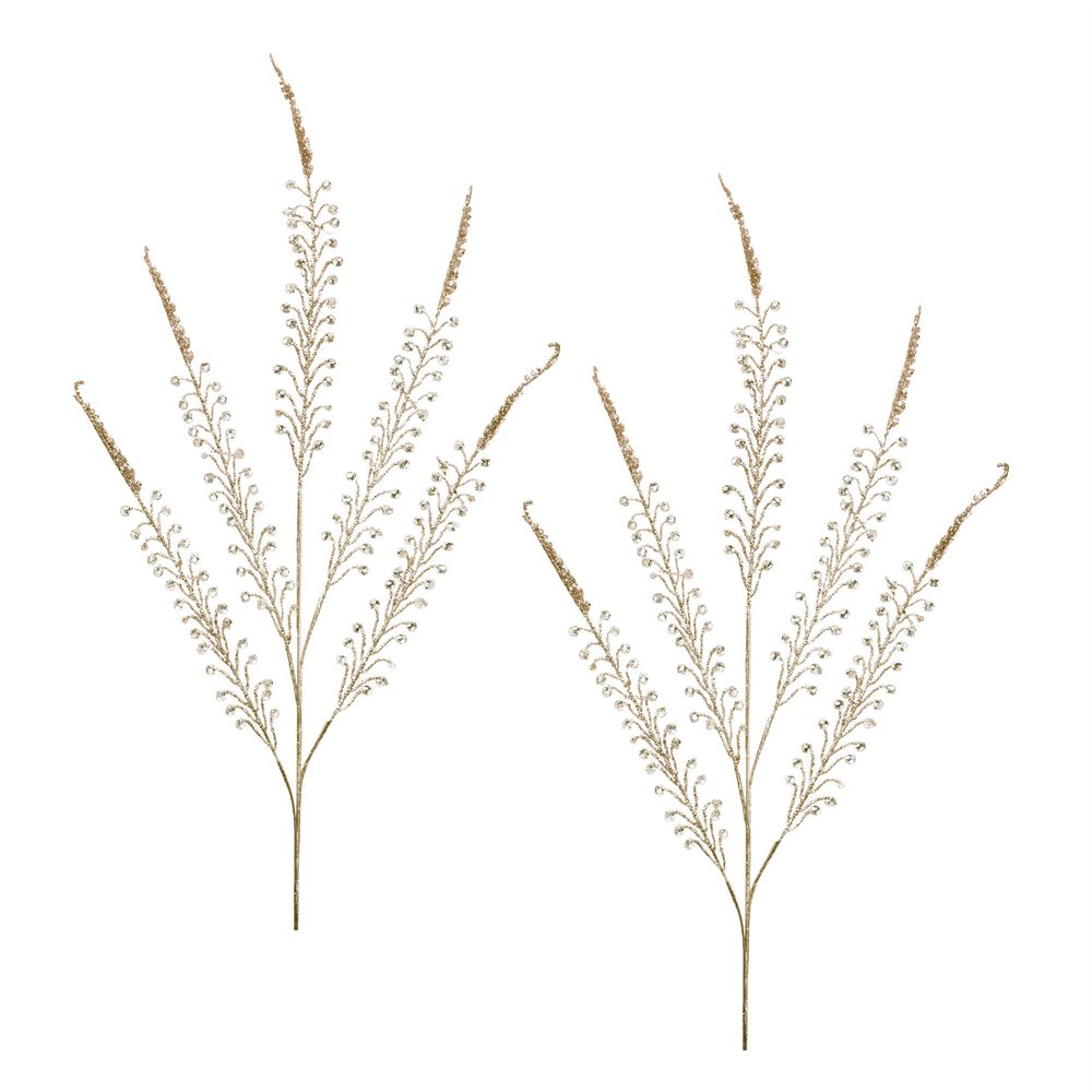 Set of Two Gold And Clear Faux Crystal Beaded Linear Fern Wreath Sprays HomeRoots