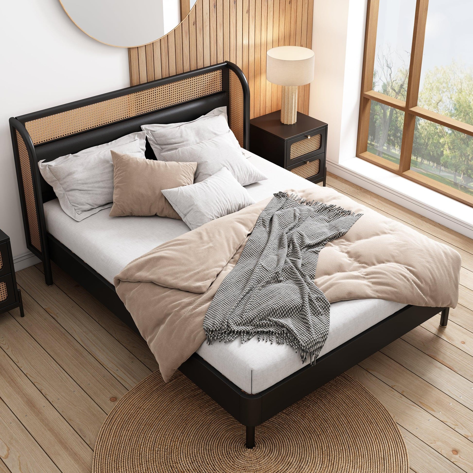 Modern Cannage Rattan Wood Platform Queen Bed Black - FurniFindUSA