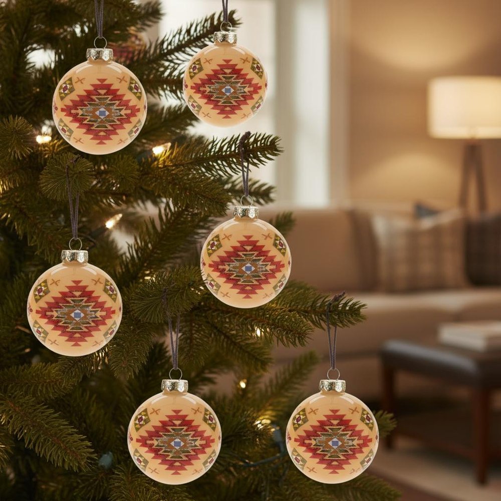 Set of Six Beige And Red Glass Ball Ornaments HomeRoots