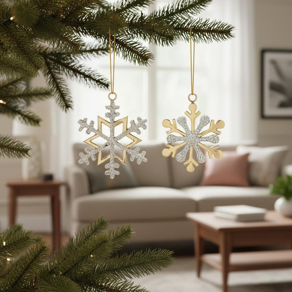 Set of Two Gold And Silver Metal Snowflake Shaped Ornaments HomeRoots