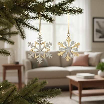 Set of Two Gold And Silver Metal Snowflake Shaped Ornaments HomeRoots