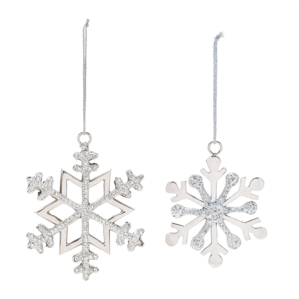 Set of Two Silver Metal Snowflake Shape Ornaments HomeRoots