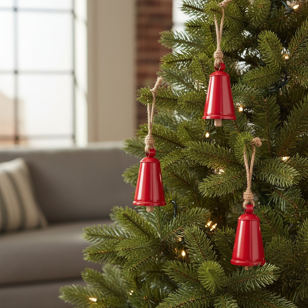 Set of Four Red And Natural Holiday Bell Shaped Ornaments HomeRoots