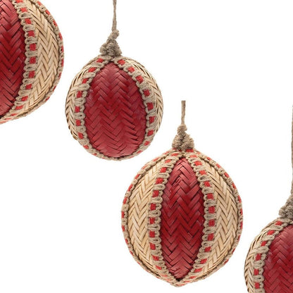 Set of Four Red And Natural Woven Bamboo Ball Ornaments HomeRoots
