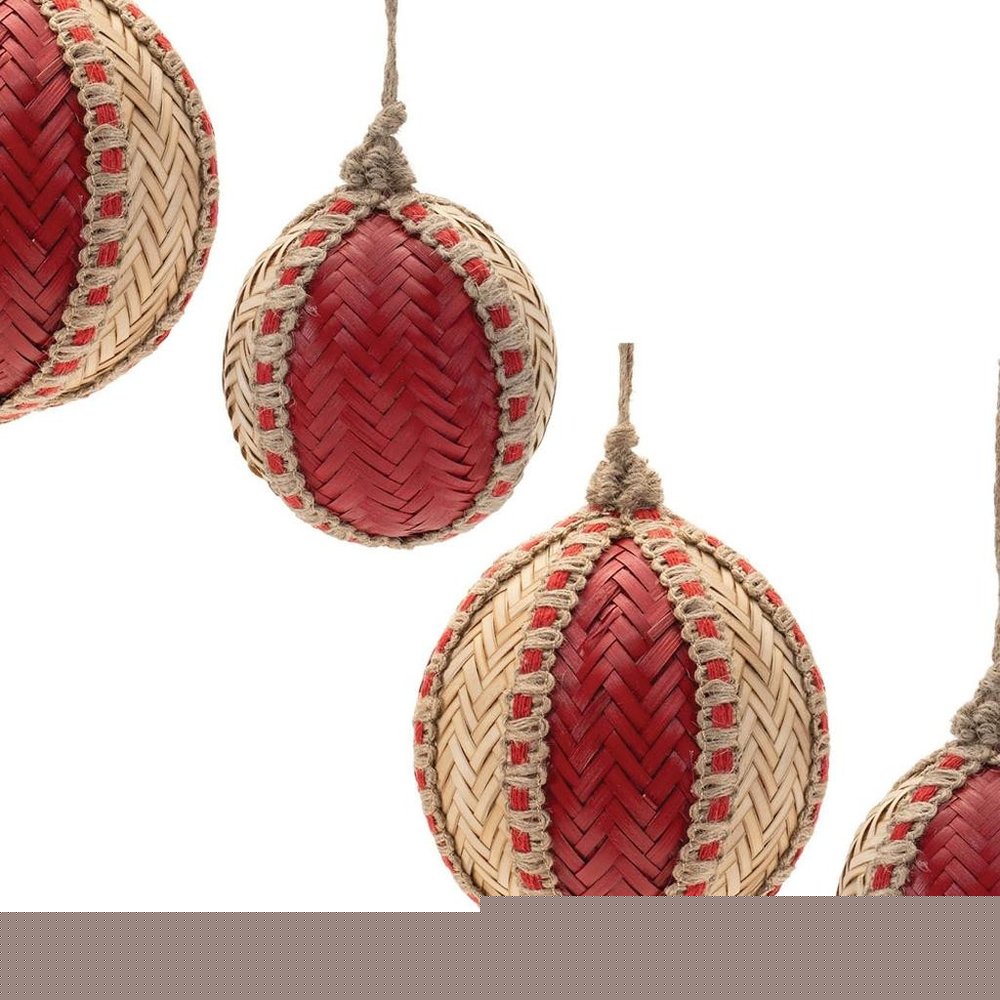 Set of Four Red And Natural Woven Bamboo Ball Ornaments HomeRoots