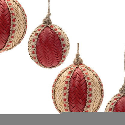 Set of Four Red And Natural Woven Bamboo Ball Ornaments HomeRoots