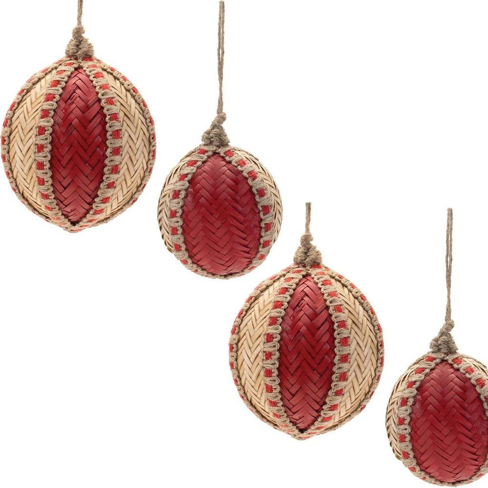 Set of Four Red And Natural Woven Bamboo Ball Ornaments HomeRoots
